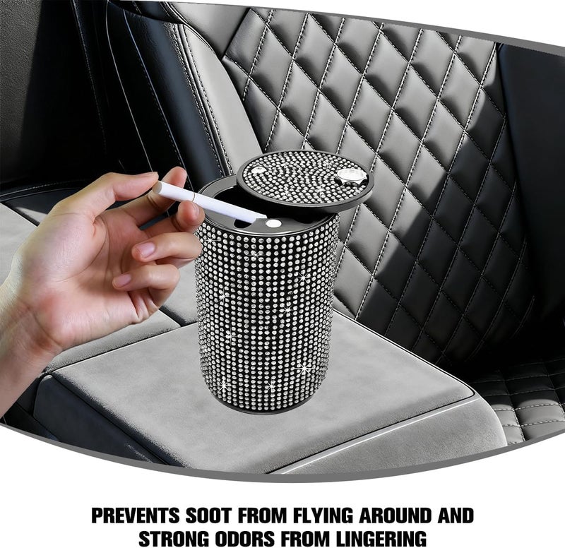 FALVFUN Bling Car Ashtray, Rhinestones Smokeless Smell Proof Vehicle Cup Holder Ash Tray with Lid, Sparkling Diamond Portable Automotive Interior Ashtray, Universal for SUV RV Truck (White) - Image 3